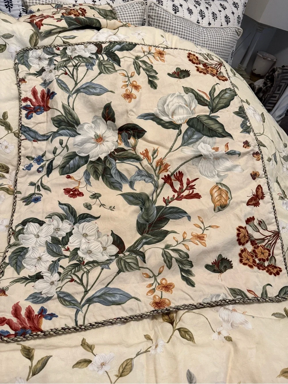 Reversible designer Waverly Floral Cream Botanical comforter and shams